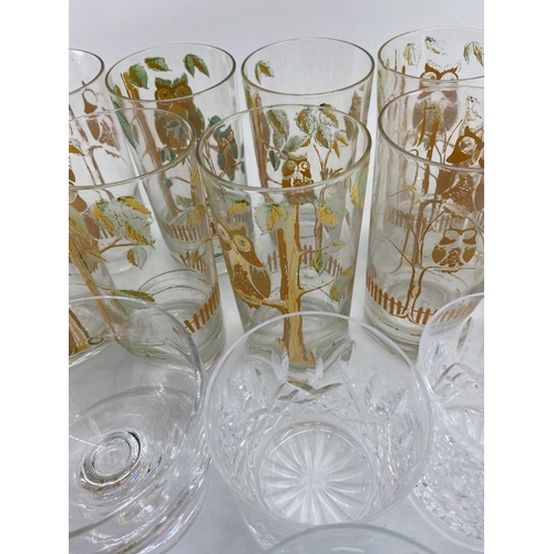 221 - Quantity of glass including modern cake platters on stands, cut glass decanters, wine glasses, tumbl... 