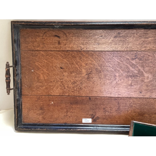 266 - Mahogany cutlery tray, with brass handle, and a two handled tray (some wear)