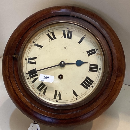 269 - Late C19th/early C20th oak Railway style wall clock, German movement, tin face roman numeral markers... 