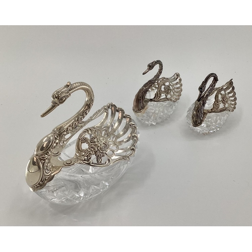 27 - Three silver and moulded glass swan shaped table pot pouris, stamped 800 and 925, largest 15 x 17 x ... 