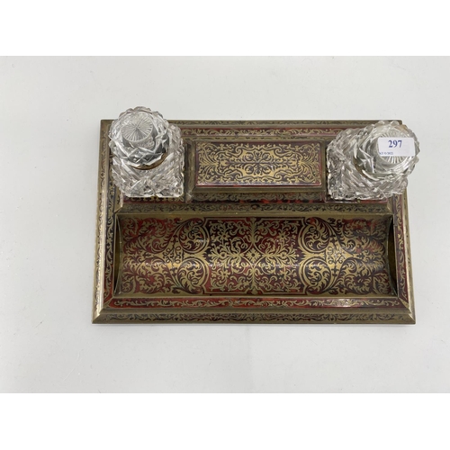 297 - A good C19th Boulle work desk tidy with glass inkwells  (some chips to glass and wear)