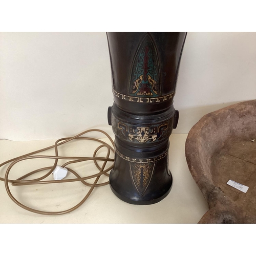 308 - A large rustic wooden bowl, and a table lamp with Champleve decoration