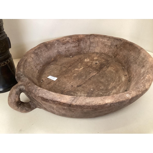 308 - A large rustic wooden bowl, and a table lamp with Champleve decoration