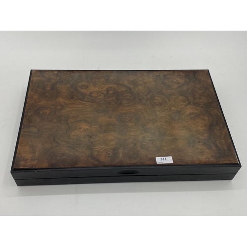 311 - Burr walnut veneered and leather bound back gammon set 50 x 31 x 7cm , and a cherry wood and white m... 