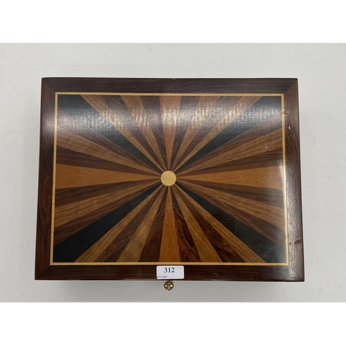 312 - Mahogany and fruit wood inlaid cigar humidor, with key present 35 x 28cm x 12cm