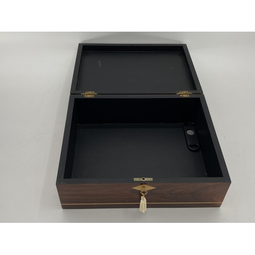 312 - Mahogany and fruit wood inlaid cigar humidor, with key present 35 x 28cm x 12cm