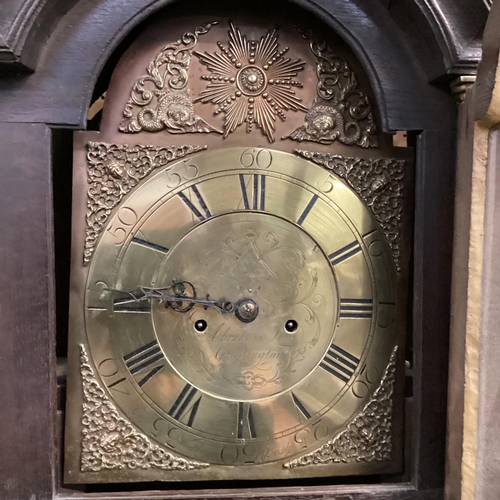 316 - A C19th mahogany long case clock, arched brass dial with gilt spandrells, dial engraved Abraham Sam ... 