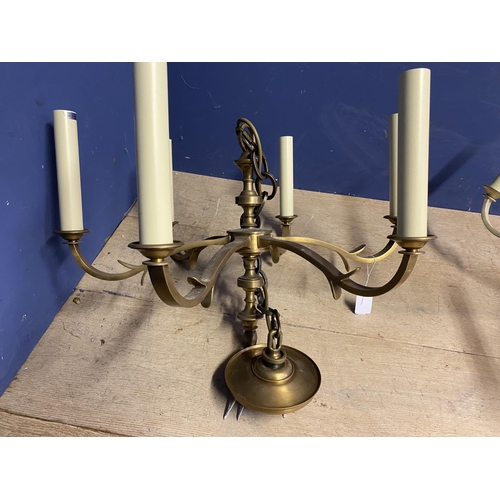 330 - A pair of six branch brass ceiling chandeliers, one sprayed gold, 81cm W