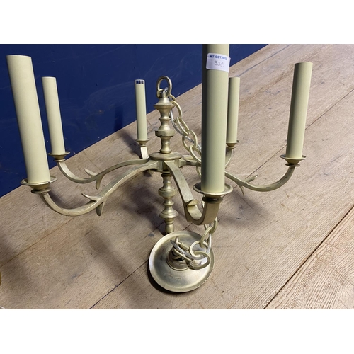 330 - A pair of six branch brass ceiling chandeliers, one sprayed gold, 81cm W