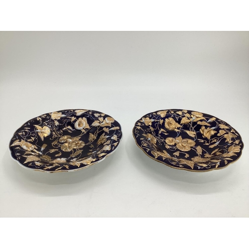 337 - A pair of C20th Dresden style porcelain bowls wth cobalt blue ground and gilt floral decoration mark... 