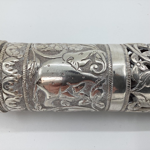 35 - Silver Middle Eastern style Prayer Scroll with pierced and raised floral decoration stamped 900, 34c... 