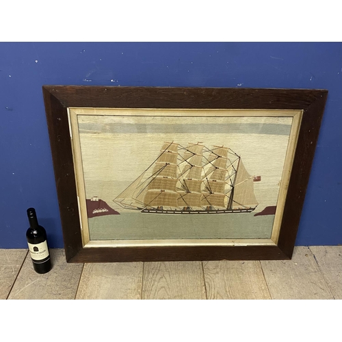 411 - Late C19th/earl C20th Crewel work image of a 3 masted ship in an oak and glaze partial gilt frame, 5... 