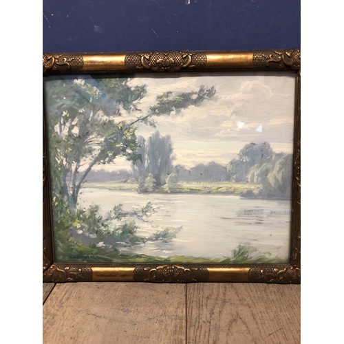 412 - Early C20th oil on board of a Scottish lake scene in a gilt glazed frame 35 x 41; and a similar earl... 