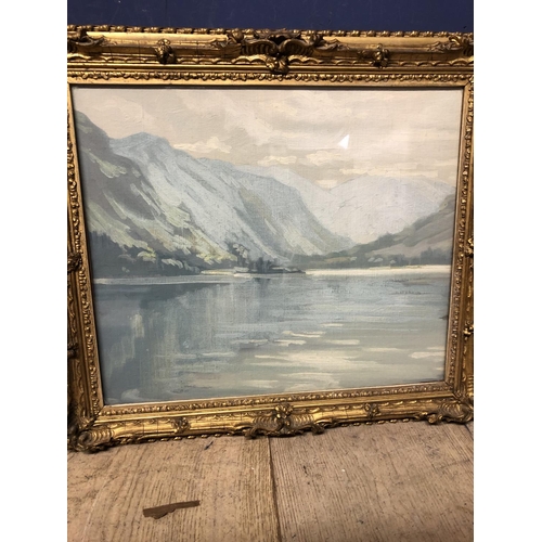 412 - Early C20th oil on board of a Scottish lake scene in a gilt glazed frame 35 x 41; and a similar earl... 