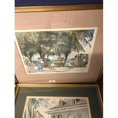 419 - Set of 6 colour prints by Jum walker, Distins Barbados etc; two prints , 