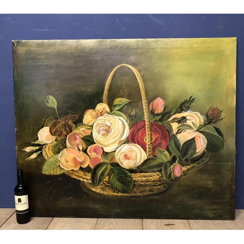 421 - A large oil on canvas, Floral still life in a basket, bears signature lower left Lensen / Iensen, co... 