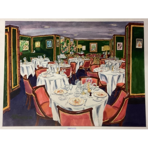 441 - R Bamble, painting of the interior of La Gavroche restaurant, in a pink and glazed frame, Provenance... 