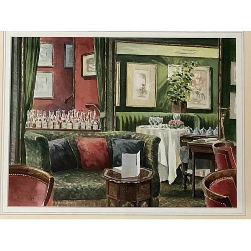 441 - R Bamble, painting of the interior of La Gavroche restaurant, in a pink and glazed frame, Provenance... 