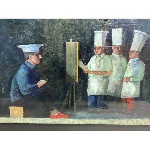 442 - WILLIAM BALTHAZAR, British, Large black frame and glazed painting of chefs, La Gavroche, 59.5cm x 89... 