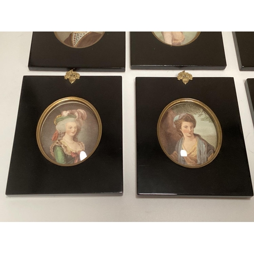 445 - 6 modern portrait miniatures, labelled verso: Lady Rushout painted by Gcosway and Engraved by T Burk... 