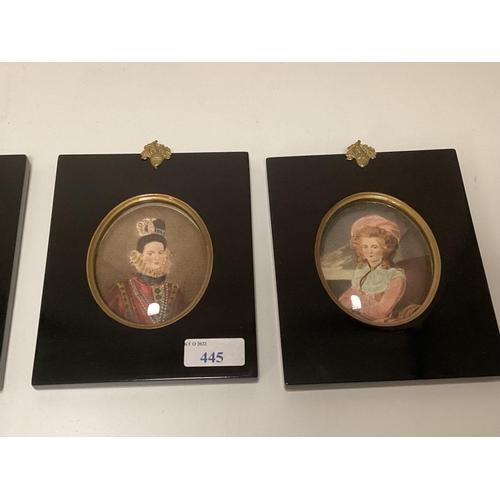 445 - 6 modern portrait miniatures, labelled verso: Lady Rushout painted by Gcosway and Engraved by T Burk... 