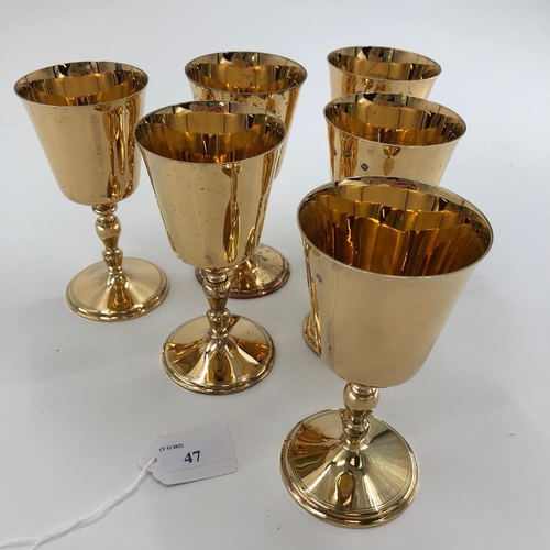 47 - A set of six sterling silver gilt wine goblets by Walker and Hall, Sheffield, 1975 each 15cmH, 1250g