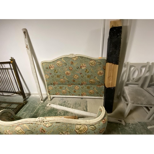 484 - A pretty, French small double bed, with cream distressed painted wooden surround, and a carved curve... 