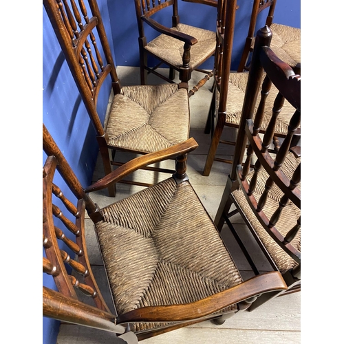 508 - A good set of 8 (6 +2 carvers) Lancashire style spindle back, and reeded seat, country chairs, the b... 