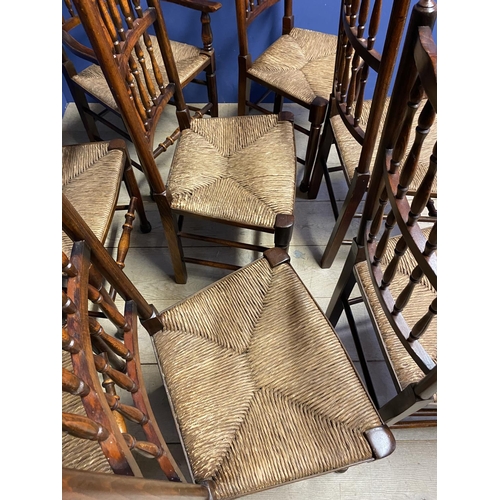 508 - A good set of 8 (6 +2 carvers) Lancashire style spindle back, and reeded seat, country chairs, the b... 