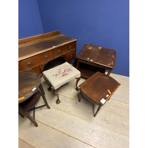 516 - A quantity of brown furniture to include a small repro bureau, a square occasional table, needlepoin... 