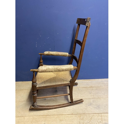 521 - Large elm high back rush seated Country rocking chair