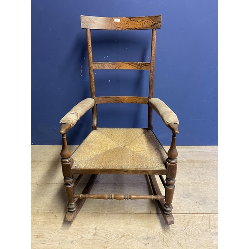 521 - Large elm high back rush seated Country rocking chair