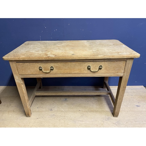 528 - A worn pine scrub top effect kitchen table with stretcher to base; and anther occasional table, with... 