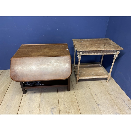 528 - A worn pine scrub top effect kitchen table with stretcher to base; and anther occasional table, with... 