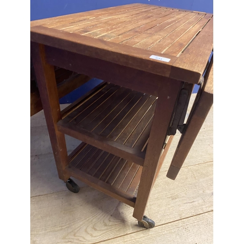 531 - A teak style slatted drop leaf 2 tier kitchen trolley