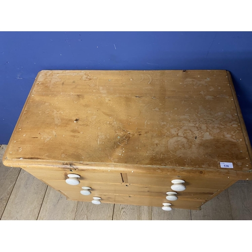 538 - a pine chest of 3 long drawers with white knob handles
83w x 44d x 82cm high