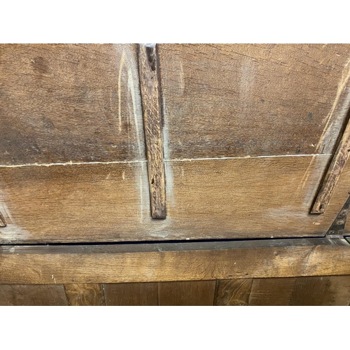 546 - A large part C18th oak 3 pannelled mule chest,with 2 drawers and brass furniture, on raised legs, 13... 