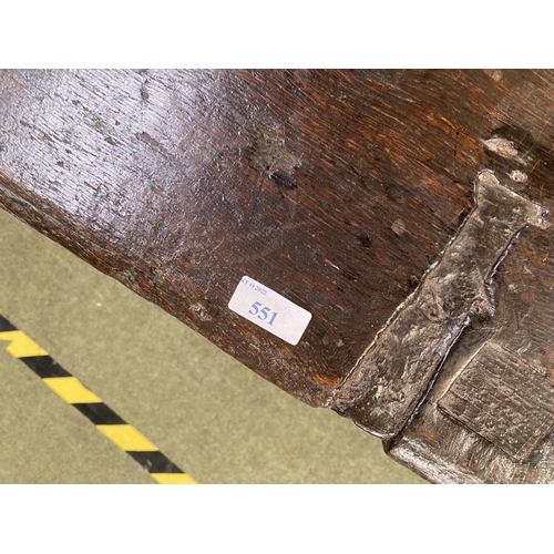 551 - A small part C17th oak coffer with rising lid, with 1671 date carved to front, 77cmW x 33cmD x 48cmH