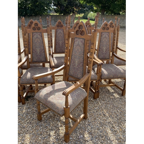 568 - Very good set of ten oak high back Arts and Crafts style dining chairs, upholstered back and seat in... 