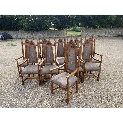 568 - Very good set of ten oak high back Arts and Crafts style dining chairs, upholstered back and seat in... 