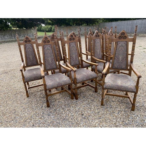 568 - Very good set of ten oak high back Arts and Crafts style dining chairs, upholstered back and seat in... 