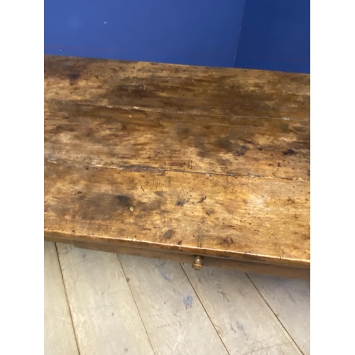 585 - French provincial fruit wood plank top table, with two set drawers, 198cm L x 77cmW x 75cmH