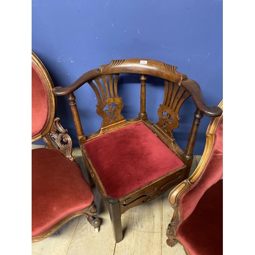 595 - George III mahogany corner armchair with red seat, and 2 Victorian walnut spoonback chars