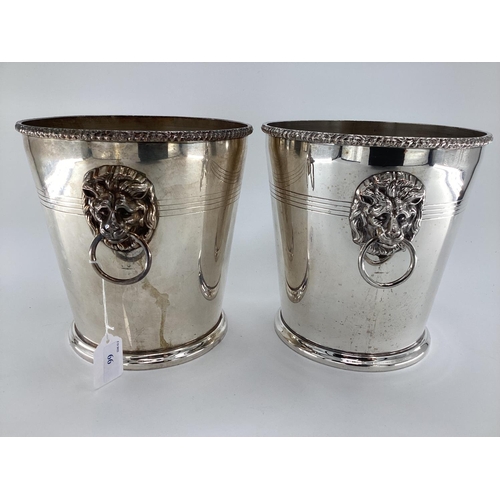 66 - A pair of silver plated wine/ice buckets with lion head and hoop handles by Mappin & Webb, 23cm H