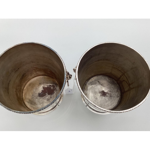 66 - A pair of silver plated wine/ice buckets with lion head and hoop handles by Mappin & Webb, 23cm H