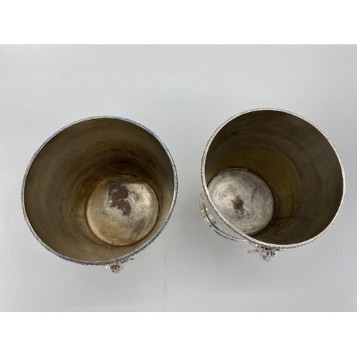 66 - A pair of silver plated wine/ice buckets with lion head and hoop handles by Mappin & Webb, 23cm H