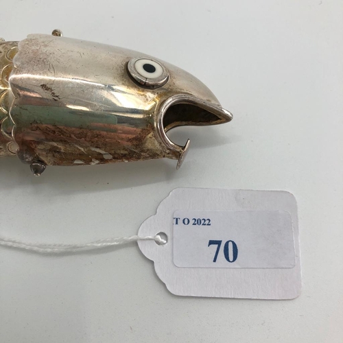 70 - Three graduated white metal articulated fish ornament, with glass enamel eyes marked Mexico, approx ... 