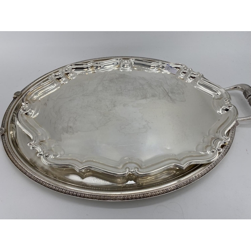 71 - Silver plated condiment holder  (one vacant glass vase) together with four oval plated trays