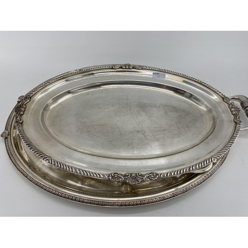 71 - Silver plated condiment holder  (one vacant glass vase) together with four oval plated trays