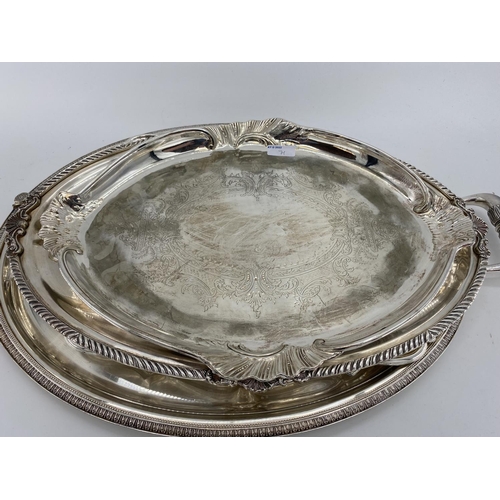 71 - Silver plated condiment holder  (one vacant glass vase) together with four oval plated trays